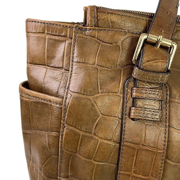 Perlina Womens Brown Croc Embossed Leather Double Handle Shoulder Bag Purse - Picture 7 of 16